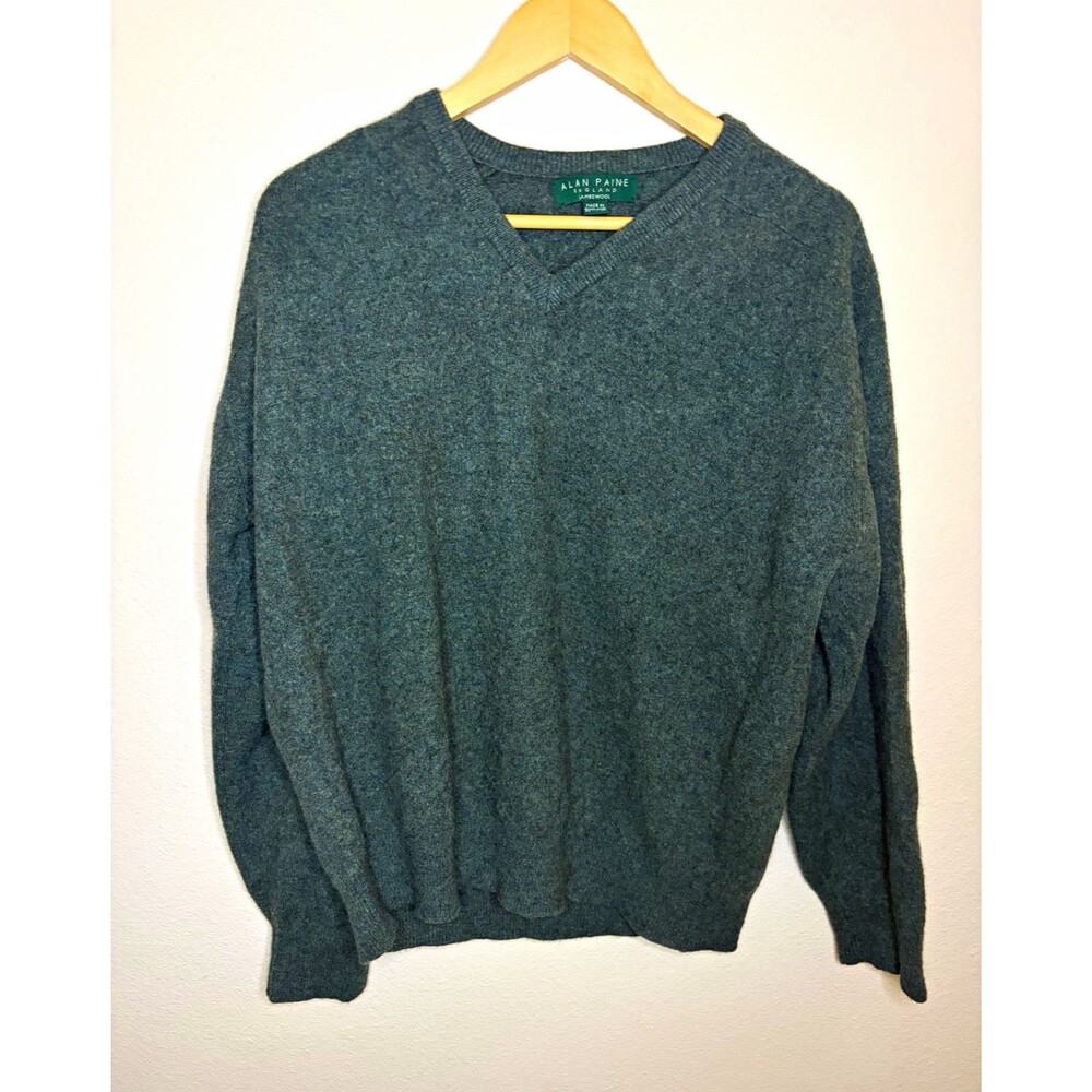 Alan Paine England Green Lambswool Knit V-Neck Pullover Sweater Jumper